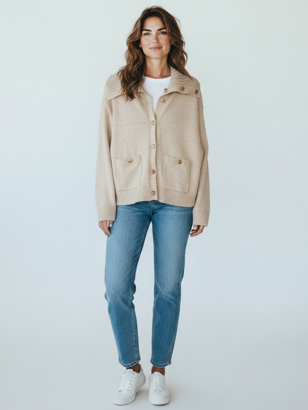 New Marc New York Beige Button-Front Teddy Knit Cardigan Sweater L